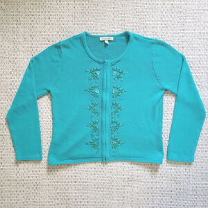 Northern Isles Teal Knit Zip-up Sweater Cardigan Beaded Fish Ocean